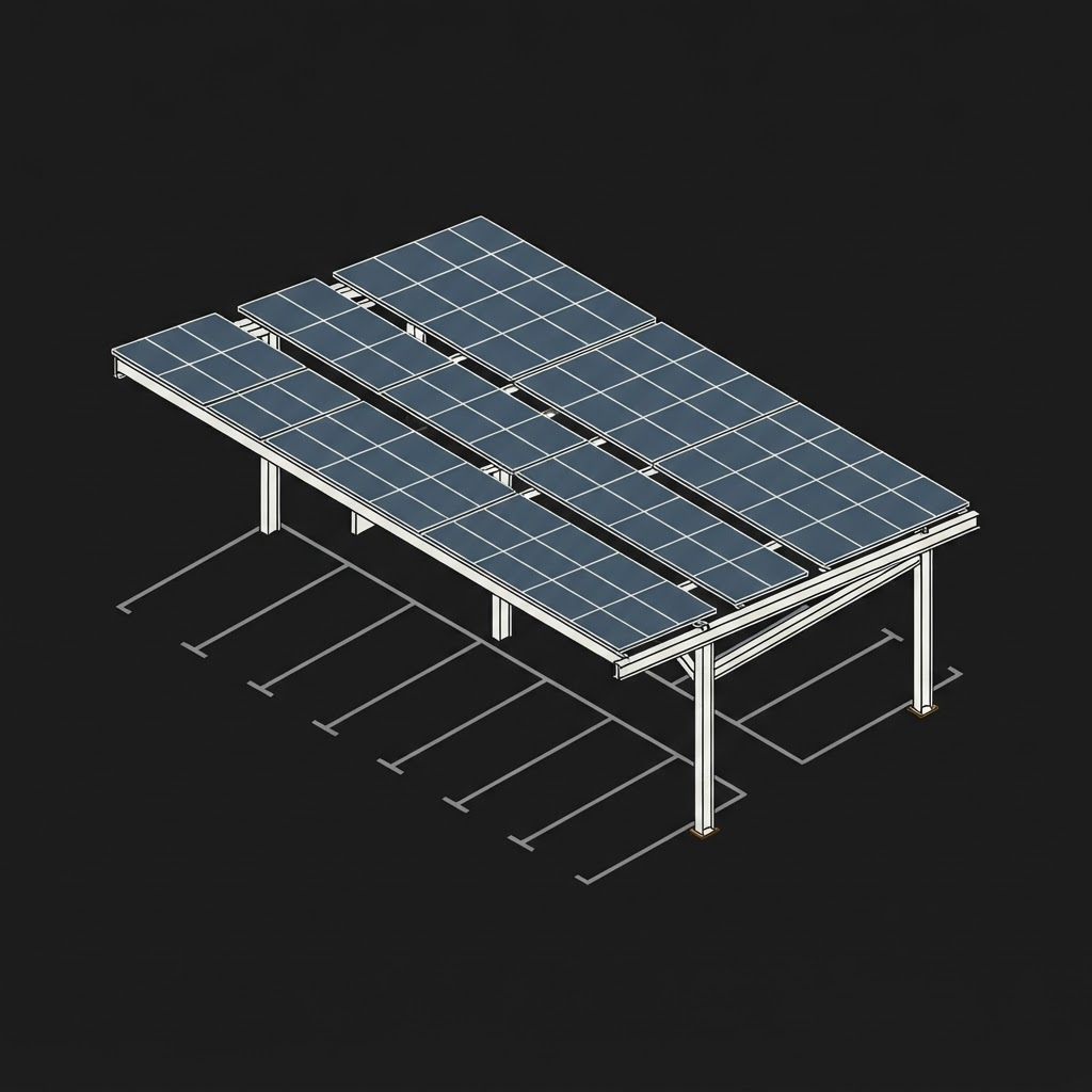 Ombrière photovoltaïque au-dessus d'un parking, illustration