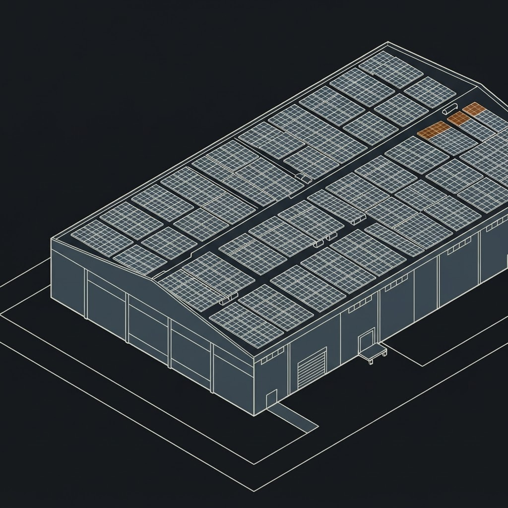 Panneaux photovoltaïques sur une toiture industrielle, illustration